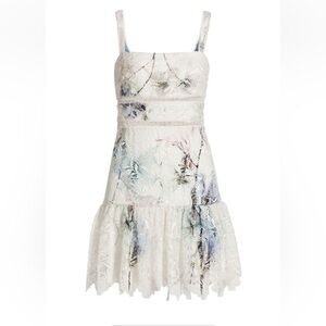 Monique Lhuillier White and Purple/Blue Floral Lace Mini Dress